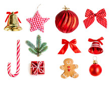 Collection Of Christmas Objects  For Mock Up Template Design. Red Bauble, Fir Tree Branches, Stars  And Gingerbread Man   Isolated On White Background Close Up.  Flat Lay, Top View