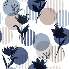 Wall Mural - Monotone in blue Vector botanic silhouette floral seamless pattern on modern colorful stripe polka dot, delicate flower