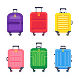Fototapeta  - Luggage suitcase. Airport travel baggage colorful plastic suitcases with handle and trolley isolated flat vector set