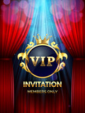 Fototapeta  - Premium invitation card. Vip party invite with golden crown and open red curtains. Grand opening banner vector template