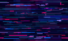 Futuristic Neon Glitch Background. Glitched Nightlife Tech Lines, Street Light Motion And Technology Seamless Pattern Vector Design
