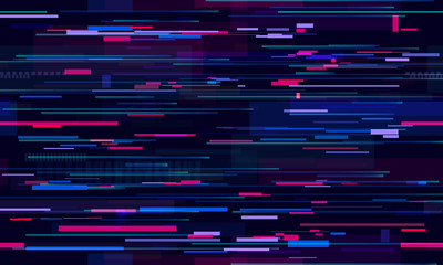 Futuristic neon glitch background. Glitched nightlife tech lines, street light motion and technology seamless pattern vector design