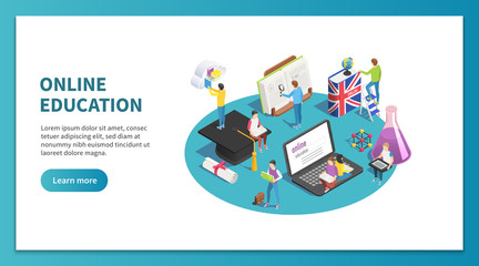 Poster - online education isometric concept. internet studying and web course. learning students website land