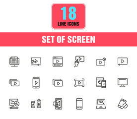 Aufkleber - Screen icons. Set of  line icons. Player window, mobile phone, laptop. Screen concept. Vector illustration can be used for topics like video content, digital technology, apps.
