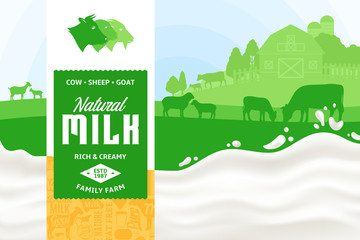 Canvas Print - Milk illustration. Rural landscape. Milk splash