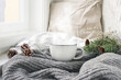 © tabitazn - Cozy winter morning breakfast in bed still life scene. Steaming cup of hot coffee, tea standing near window. Christmas concept. Pillows, Pine cones and fir tree branch on wool plaid.