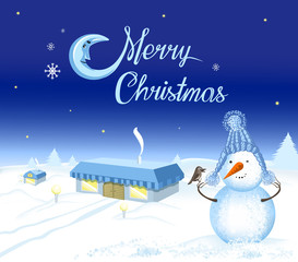 Holiday background, Merry Christmas and New Year typographical on background with winter landscape with snowman, houses and forest, snowflakes, light, stars. Xmas card. 