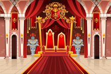 Door Of The Castle And Windows, Ancient Rich Medieval Artwork With Royal Armor Of Knight Guard. Image With Throne Of The King On The Palace. Flags Of Fantasy Fairy Queen. Vector Illustration.