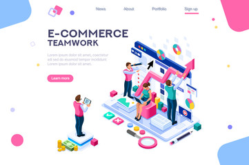 Teamwork career on analysis, management, consulting and marketing. Modern solution for business app and data. Template for project navigation workflow or menu. Software for e-commerce, responsive ui.