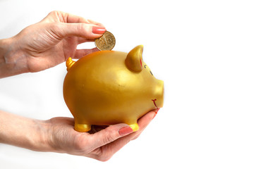 Female hand putting coin into piggy bank