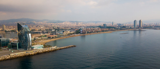 Panorama of Barceloneta beach with hotel W Barcelona