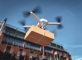 The drone is flying with the parcel to the customer