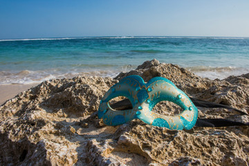 Sticker - masquerade party mask on beach view