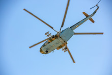 Military Helicopter Flying During Exercise Performing A Military Demonstration
