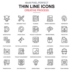 Fototapete - Thin line creative process and project workflow icons set for website and mobile site and apps. Contains such Icons as Media, Idea. 48x48 Pixel Perfect. Linear pictogram pack. Vector illustration.