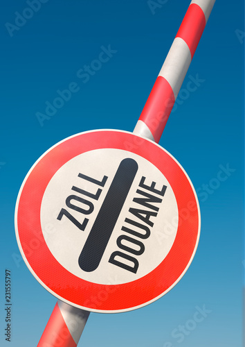 Fotografía Offener Schlagbaum mit Schild Zoll Douane