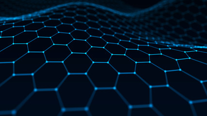 Fototapete - Abstract technology background. Artificial intelligence. Futuristic hexagon perspective background. Big data visualization. 3D rendering.