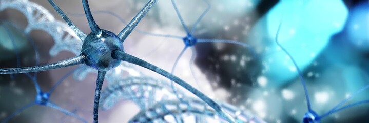 neuron on the background of dna helix, neural network and dna, 3d rendering