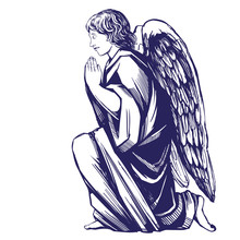 Angel Prays On His Knees Religious Symbol Of Christianity Hand Drawn Vector Illustration Sketch