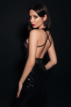 Fashion Model, Beautiful Girl In A Glitter Black Dress, Red Lips