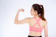 © NT_studio - Back view beautiful portrait asian woman wear sport clothes have strong and muscle with health, girl show biceps with exercise for wellness isolated on white background, strength and fit concept.