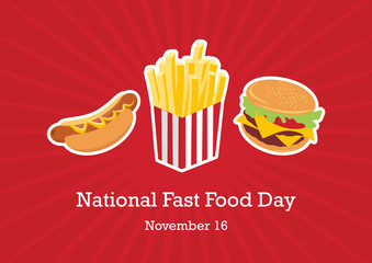 National Fast Food Day vector. Fast Food icon set. Hamburger, hot dog and French fries. American Food Feast. Important day