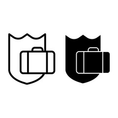Poster - Protection luggage line and glyph icon. Suitcase and shield vector illustration isolated on white. Safe cargo outline style design, designed for web and app. Eps 10.