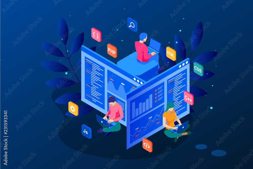 Isometric programmer coding new project. Web Development and ...