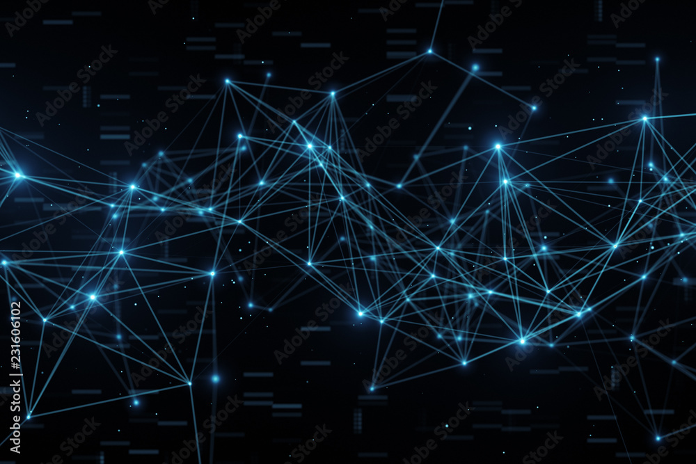 Abstract flashing connected digital data nodes and connection paths on ...