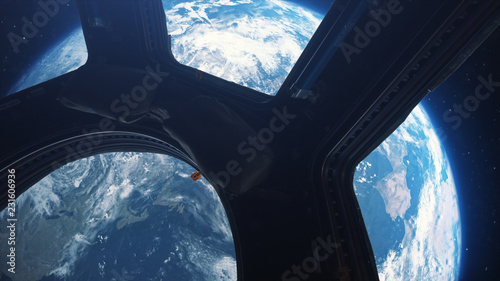 Cuadros en Lienzo Earth view from space from the window of the international space station 3d illu
