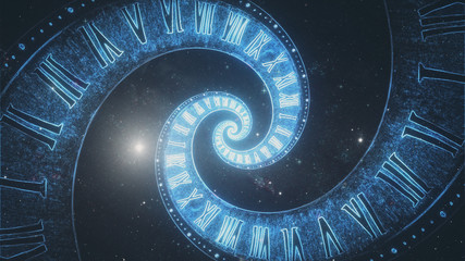 the composition of the space of time, the flight in space in a spiral of roman clocks 3d illustratio
