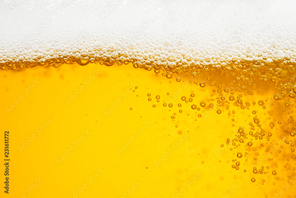 Beer background with bubble froth texture foam pouring alcohol soda in ...