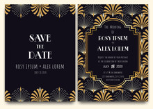 An Art Deco Wedding Card With A Gold-patterned Background.