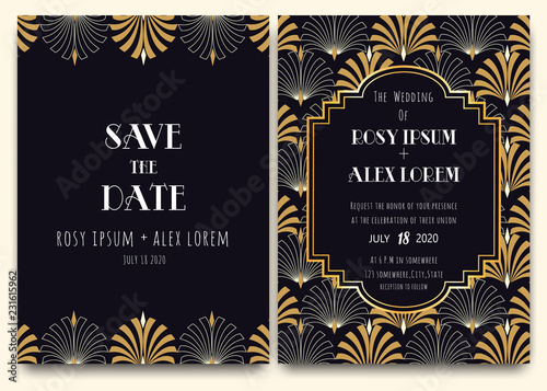 An Art Deco Wedding Card with a Gold-patterned Background. Tableau sur Toile