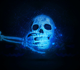 Poster - Abstract Shocked Skull on a Cyan network Background