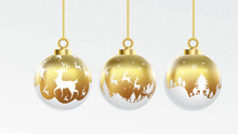 Set Of Vector Gold And White Christmas Balls With Ornaments. Glossy Collection Isolated Realistic Decorations. Vector Illustration On White Background.