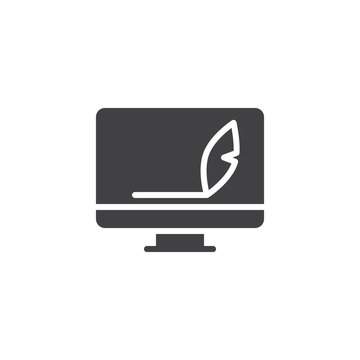 Computer monitor and feather her pen vector icon. filled flat sign for mobile concept and web design. Blog, Copywriting simple solid icon. Symbol, logo illustration. Pixel perfect vector graphics