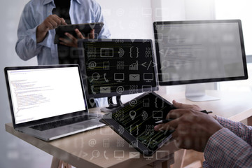 Fototapete - man work Coding software developer programmer is coding on a desktop computer