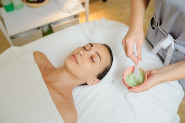 Wall Mural - Close up head shot of a Woman having a green mask applied in spa