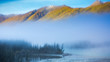 soft image from mist or fog at Fairy Bay in the morning in September Autumn season, Kanas Nature Reserve, Xinjiang, China