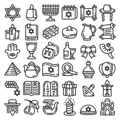 Poster - Hanukkah icon set. Outline set of hanukkah vector icons for web design isolated on white background