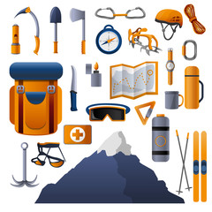 Poster - Climbing equipment icon set. Cartoon set of climbing equipment vector icons for web design