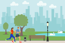 Public Park In The City Center. Morning Run Of People In A Public Park. Flat Design, Vector Illustration, Vector.