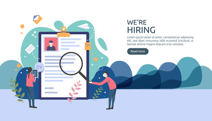 Job hiring and online recruitment concept with tiny people character. agency interview. select a resume process. template for web landing page, banner, presentation, social media. Vector illustration.