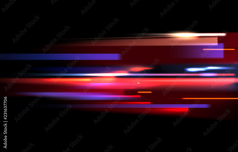 Vector image of colorful light trails with motion blur effect, long time exposure. Isolated on black background - obrazy, fototapety, plakaty 