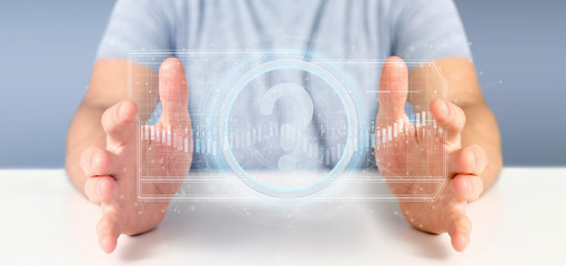 Poster - Man holding a Technology question mark icon on a circle 3d rendering