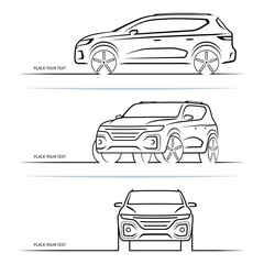 Poster - Set of vector car silhouettes, outlines, contours. Front, side and perspective view of SUV vehicle