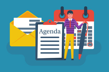 Wall Mural - Agenda concept. Businessman at writing agenda. Template, banner for web and print. Vector illustration, flat design. Writing in the clipboard list, time control. Action plan, calendar with marks.