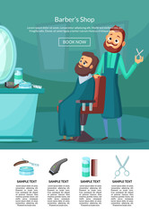 Canvas Print - Vector landing page illustration with barber doing a haircut to a client insalonwith table and mirror. Barbershop interior, hairstyle salon