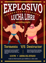 Lucha Libre Poster. Retro Placard Announced Fighting Match Of Mexican Wrestlers Luchador Vector Muscle Characters. Illustration Of Placard Announced Fighting Luchador Event